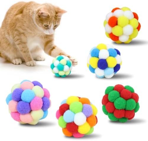 Cat Toys Balls 6 Pieces with Bells 5cm Soft Cat Pom Poms Balls Cats Interactive Ball Toy for Cats Kitten Indoor Outdoor Playing Chewing Scratching (Cat Ball Set 2)