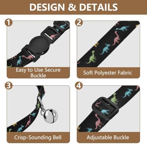 Colorful Dinosaurs Black Pet Collar 2 Pack for Kitten Adjustable Length 10.6" to 17.1"