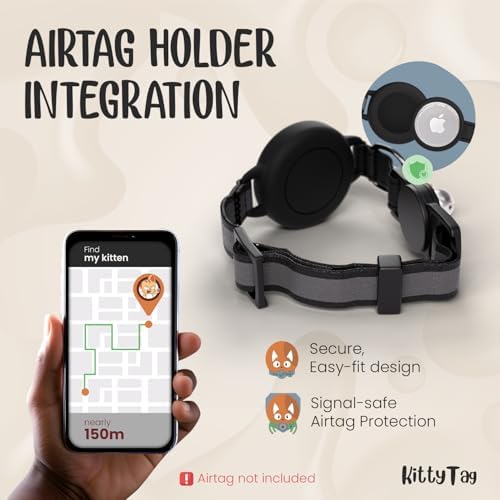 AirTag Cat Collar – Breakaway Reflective & Waterproof Collar with Built-in Holder, Adjustable with Bell for Indoor/Outdoor Cats – AirTag Not Included (Black, 9–12")