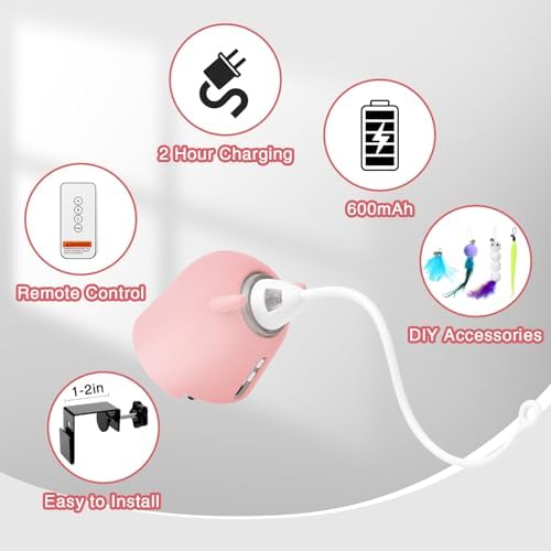 Cat Toys Interactive for Indoor Cats, Rechargeable Toy Hanging Door Electric with 4pcs Feathers Toys for Bored Kittens (Pink)