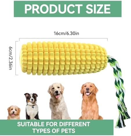 Corn Squeaky Rubber Dog Chew Toy with Dental Cleaning Grooves & Cotton Rope