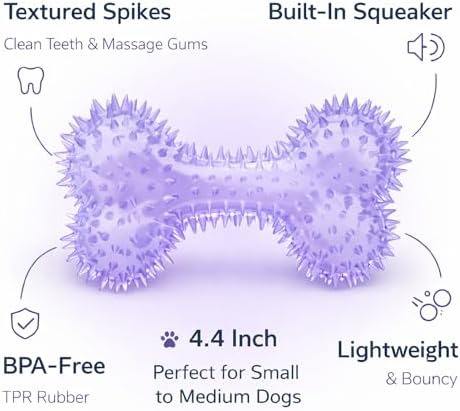 Squeaky Spiky Dog Bone Toy for Teeth Cleaning & Gum Massage 4.4 Inch Small Medium Dogs Purple | Spiny TPR Rubber Chew Toy for Fetch Play Interactive Bouncy Dental Bone Durable BPA Free Nontoxic Floats