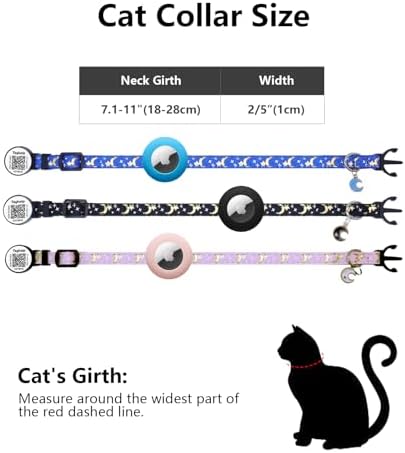 Breakaway Cat Collars with Bell Moons Stars Cute Kitty Adjustable Safe Kitten Collars with Pendant Glow in The Dark,Airtag Cat Collar, Air tag Safety Buckle (Purple)