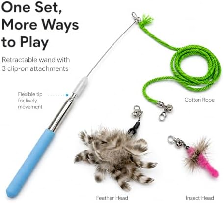 Cat Wand Toy Set, Retractable Stainless Steel Wand with 3 Interchangeable Attachments, Feather, Insect, Cotton Rope