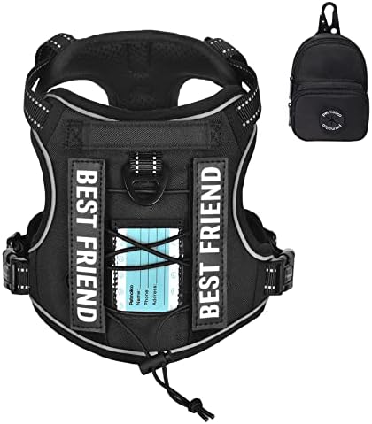 Petmolico No Pull Dog Harness, 2 Leash Clips Tactical Dog Harness Soft Padded Reflective Service Dog Vest with Dog Treat Pouch for Outdoor Walking Training, Black Small