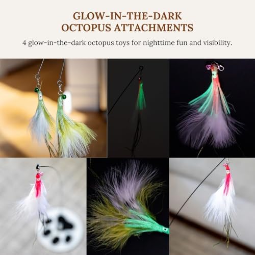 Interactive Cat Toys for Indoor Cats - Glow in Dark Octopus - XL Snake And Lizard Chew Toy - Round Base Teaser Wand - Bored Adult Feline Hunting Enrichment - Self Play Kitten Juguetes para Gatos
