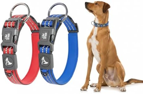 Dog Collar Bundle for Large Dogs (Width - 1", Length - 21"-25") | Adjustable Padded Red & Blue Dog Collars with Heavy Duty O-Ring | Soft & Comfortable Fit for Large Dogs