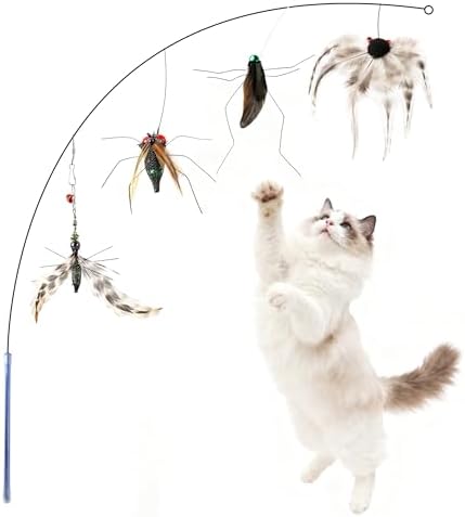 Cat Wand Toy, 4PC Flying Bug Toys for Cats(4PC Bug Refills + 1PC Cat Wand)