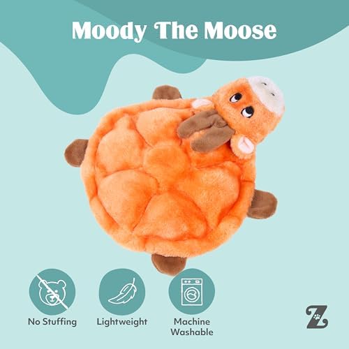 ZippyPaws Squeakie Crawler- No Stuffing Dog Toy to Keep Them Busy, for Small, Medium, & Large Dogs, Squeaky Pet Toy for Boredom, Unstuffed Chew Toy, Soft Plush Puppy Products, Moody the Moose- 12"