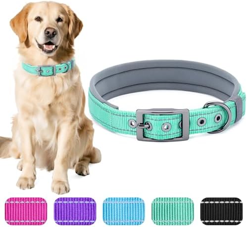 Segarty Reflective Dog Collar for Large Dogs, Adjustable Wide Soft Comfortable Breathable Neoprene Padded Nylon Collar with Heavy Duty Metal Buckle for Large Medium Breeds (L, Green)