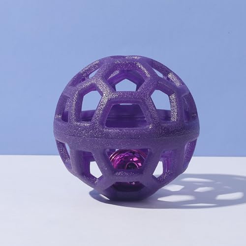 Dog Chew Toys with Bell Sound, 3 Rubber Bouncy Ball for Medium/Large Dogs, Interactive Fetch Ball Teeth Cleaning&Training, Hollow Design with Internal Bells (Purple)