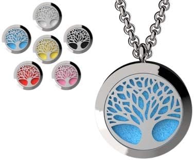 Tree of Life and Open Lotus Essential Oil Diffuser Necklace Stainless Steel Pendants with 24" Chains + 12 Refill Pads