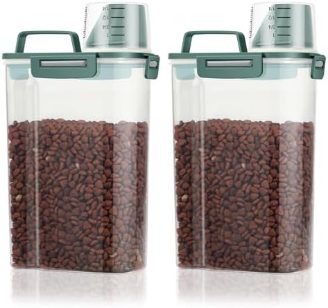TBMax Small Dog Cat Food Storage Containers 2 Pack, Travel-Friendly Pet Food Container with Spout & Measuring Cup, Portable Pet Feeding Dispenser, Bird Seed Container-Dark Green