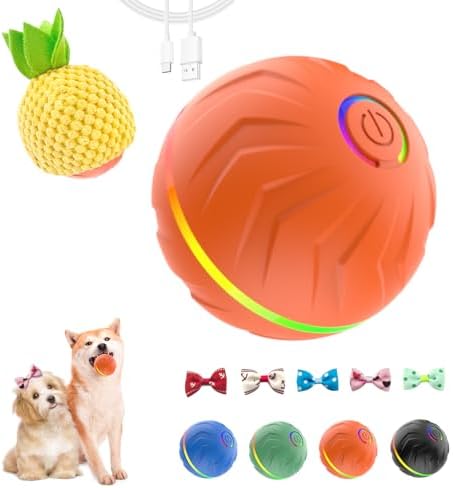 T01 Interactive Dog Toys Dog Ball,Anti Boredom Dog Toys,Durable Motion Activated Automatic Rolling Toys for Small/Medium Dogs,Moving Ball for Dogs to Keep Them Busy,Dog Bows,Fruity Plush Covers,Orange