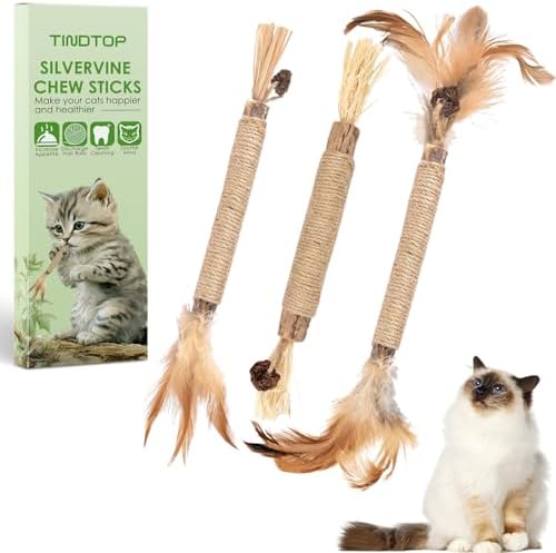 TINDTOP Silvervine Sticks for Cats with Natural Feather, Catnip Chew Toys