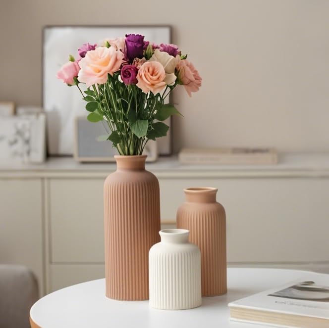 Large Modern Ceramic Vase Set, Coffee Ribbed Matte Design, 3-Piece Decorative Vases for Home, Living Room, Office (XL Coffee Mix)