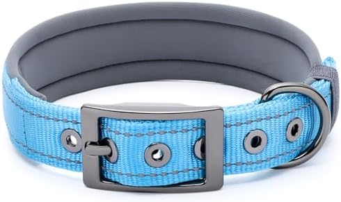 Segarty Reflective Cute Dog Collar for Large Dogs, Adjustable Wide Soft Comfortable Breathable Neoprene Padded Nylon Collar with Heavy Duty Metal Buckle for Large Medium Breeds (L, Light Blue)