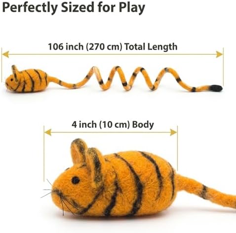 Glaciart One Felt Mouse Cat Toy – Soft Fuzzy Enrichment 100% Natural Wool - Interactive Catnip Play Cat Toy Set - Safe for Pets, Non-AZO Colored Dyes - 100” Long