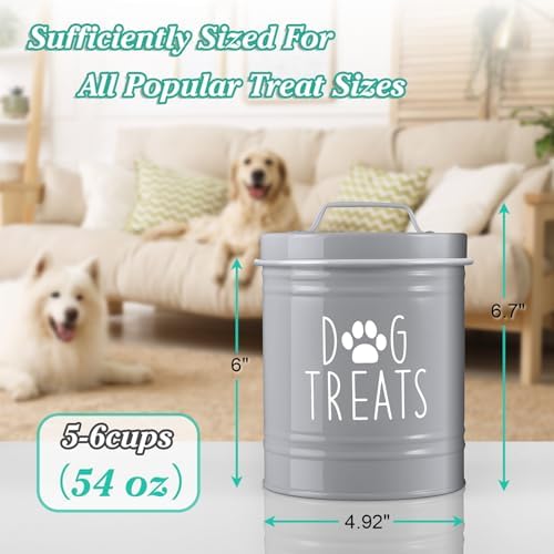OUTNILI Small Dog Treat Container Airtight - 6" Tall X 4.9" Round Gray Dog Treat Jar for Kitchen Counter - Rustic Treat Storage Canister for Dogs, Cats, Small Animals - Gifts for Pet Owners