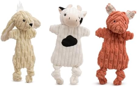HuggleHounds Flatties - Dog Plush Toys to Keep Them Busy, Squeaky Crinkle Pet Toy for Small, Medium, & Large Dogs, Durable Stuffed Animal Toy, Bunny, Cow, & Pig - 3-Pack Barnyard HuggleFlatties, Small