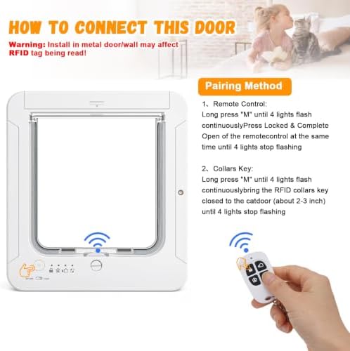 Smart Cat Door for Interior & Exterior, Cat Pet Door with 3 Collar Sensor Keys & 1 Remote Control & 4 Way Locking Cat Flap with RFID Collar Activated Opening SmartPetDoor