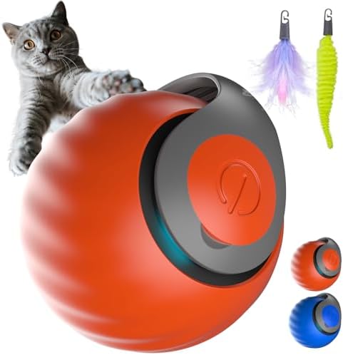 Interactive Cat Ball for Indoor Cats - Dual-Speed Automatic Rolling Ball Toy with 90Min Run Time, Plush + Feather Tails, Energetic Cat Chase Exercise, Blue/Orange, 1PC