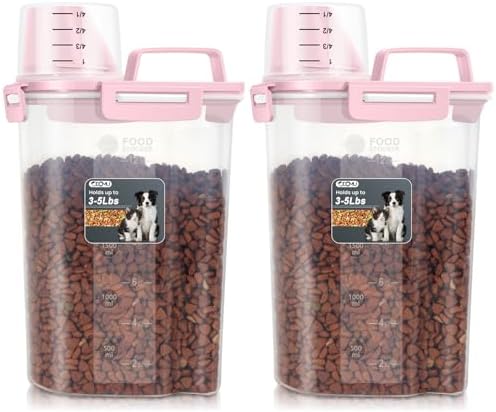 Dog Cat Food Storage Container with Cup (Pink, 2.5L (2 pack))