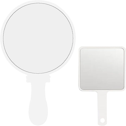 PDOZV Hand Mirror, 2 Pcs Portable Hand Mirrors with Handle, See Back of Head Haircut Personal Handheld Travel Small Ladies' Makeup Eyelash Mirrors (White, 5.91" L x 9.84" W (Round))