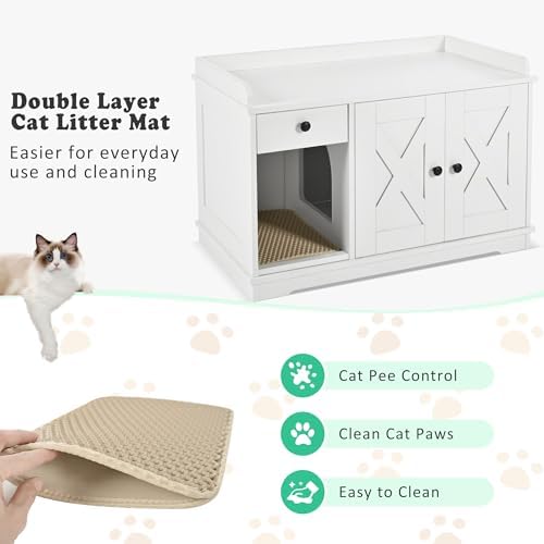 Montary Multi-Use Cat Litter Enclosure Box with Storage Drawer & Cat Litter Mat,Hidden Litter Box Furniture,Farmhouse Style Wooden Pet House Side Cabinet, White