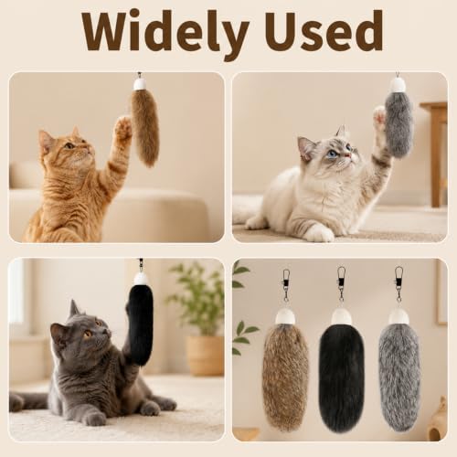 3pcs Cat Rabbit Fur Interactive Toys in Brown, Grey & White,/ Natural Fluffy Wand Attachments for Indoor Cats, Silent Handmade Replacement Heads with Secure Connector