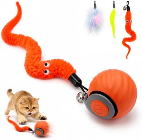 Automatic Interactive Cat Toy Ball, 2-Speed Rolling Toy with 3 Detachable Tails, Boredom Relief & Exercise Toy for Indoor House Cats & Kittens (Orange)