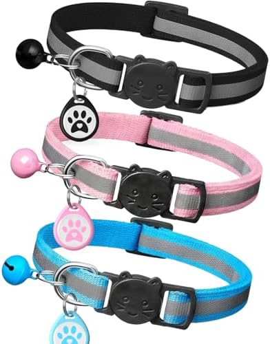 3 Pack Reflective Cat Collars with QR Code ID Tags, Breakaway Safety Nylon Cat Collars with Bell & Charms, Smart Pet ID with Online Profile, Adjustable Kitten Collars, Mixed Colors (3 Collars)