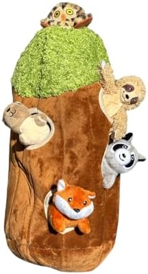 Glow Pups Hide and Seek Dog Toy, Interactive Dog Toy Bundle with Squeaky Plush Woodland Animals, Burrow Toys for Puppies, Large Size, Brown Plush Tree with 5 Animals