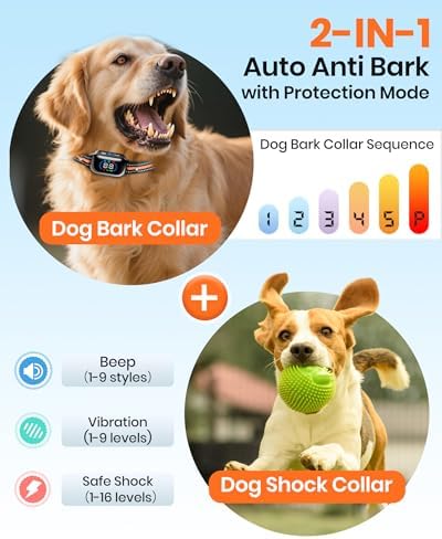 2-in-1 Bark Shock Collar 2 Pack - Color Screen Dog Training Collar with Beep/Vibration/Shock/Anti Bark 4 Modes for 2 Dogs, 3300FT Waterproof E Collar with Remote for Small Medium Large Dogs(8-120lbs)