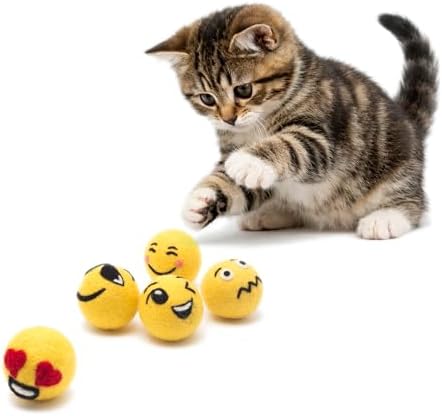 Glaciart One Wool Emoji Ball Cat Toy – 5 Pcs with Catnip - Soft Fuzzy Enrichment 100% Natural Felt Cat Toy - Interactive Play Set - Safe for Pets, Non-AZO Colored Dyes – 1.5”