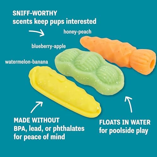 Flex-Force Veggie Chew Dog Toys, Multi-Textured & Floats, Multiple Scents for Sensory Play, Moderate Chewers, Teething Puppies and Small Breeds up to 25 lbs, 3-Pack, 4.9"