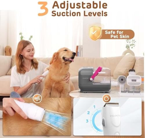 HEAPETS Dog Grooming Vacuum Kit - 3L Vacuum with 7 Tools, Low Noise Electric Clipper and Brush for Pet Shedding at Home, Gray