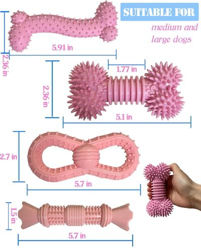 4 Pack Teething Toys Dog Durable Chew Toys Soft Rubber Toy Dog Teeth Cleaning Toothbrush Toy Cute Interactive Toys for Medium Large Breed(Medium,Pink)