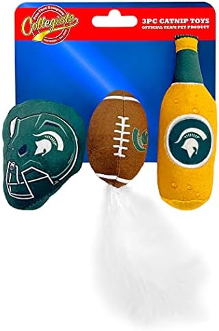 BEST PLUSH CAT TOY: NCAA MICHIGAN STATE SPARTANS Complete Set of 3 piece Cat Toys filled with Fresh Catnip. Includes: 1 Helmet Cat Toy, 1 Football Cat Toy with Feathers & 1 Beer Bottle. With Team LOGO