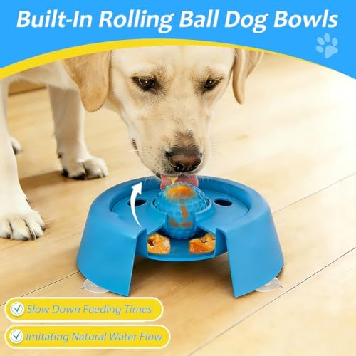 Slow Feeder Dog Bowls for Liquid Treat Dog Lick Bowl with Enrichment Rolling Ball Toy for Bone Broth Yogurt and Liquid and Thick Treat with Suction Cup Base for Small Medium Large Dogs