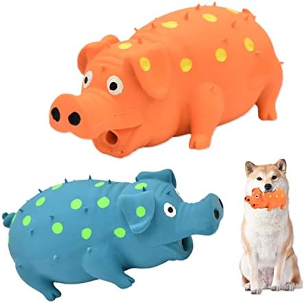 Pig Squeaky Dog Toy, 2 PCS Interactive Rubber Dog Chew Toy - Durable Latex Spot Grunting Pig Toys that Oink for Small Medium Large Dogs (Orange, Blue)
