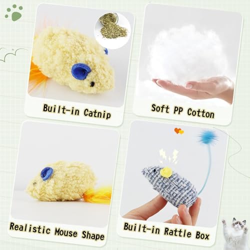 Andiker 3PCS Cat Mouse Toys, Colorful Catnip Toys for Cats with Rattle Box Ribbon Feather Interactive Cat Toys for Indoor Cats to Chew Bite Teeth Cleaning (Blue)