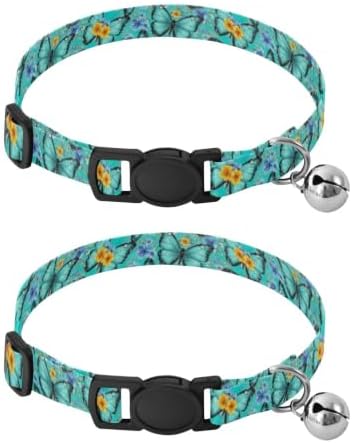 Turquoise Butterflies Flowers Wings Dog Bell Collar 2 Pack Dog Collar Adjustable 10.6 to 17.1 Inches
