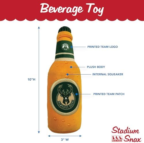 Pets First NBA Milwaukee Bucks Beer Bottle Plush Dog & CAT Squeak Toy - Cutest Stadium SODA Bottle Snack Plush Toy for Dogs & Cats with Inner Squeaker & Beautiful Basketball Team Name/Logo