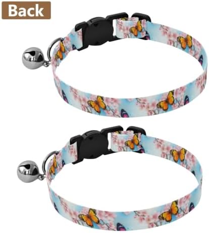 Butterflies Cherry Tree Branches Small Dog Collar with Bell 2 Pack Kitten Collar Adjustable Length 10.6" to 17.1"