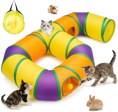 Cat Tunnel for Indoor Cats 6-Shaped, Collapsible Cat Playhouse Pet Play Tunnel Tube Maze with Hanging Pom-Poms and Interactive Hole for Kitten, Kitty, Puppy, Rabbits, Ferret, Guinea Pig