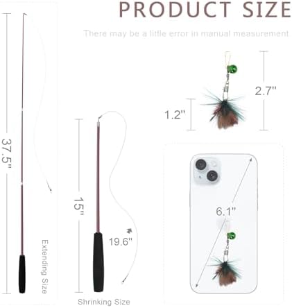 SONGWAY Cat Teaser Wand Toy - 10 Pieces Insect Cat Feather Toy Set with Retractable Wand and Feather Refills with Bell, Interactive Toys for Indoor Cats