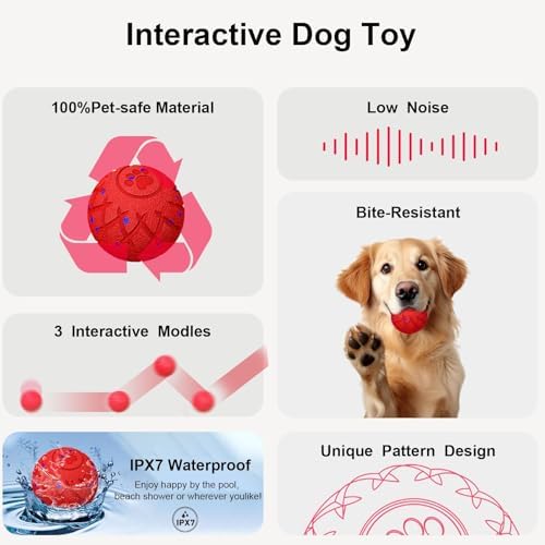 Moving Dog Toy, Interactive, Bouncing and Rotating, Silent Foam Material, IP54 Waterproof Rating, Smart Active Rolling, Stimulation Toys for Medium and to Keep Them Busy (Pink)