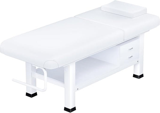 Heavy Duty Frame Professional Massage Table with Adjustable Backrest & Height Legs & Face Pillow, PU Leather, for Treatment,Physical Therapy,Spa Facial Professional Massage (Wood/With Drawers, White)