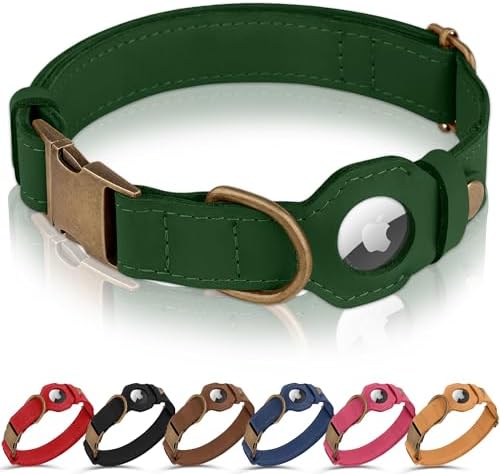 AirTag Dog Collar - Genuine Leather Dog Collar with Apple AirTag Holder and Metal Buckle - Smart GPS Tracking Pet Collars (Dark Green, S, 12"-15" Neck Fit)